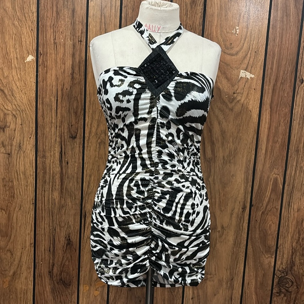 Black and White Animal Print Halter mini Dress